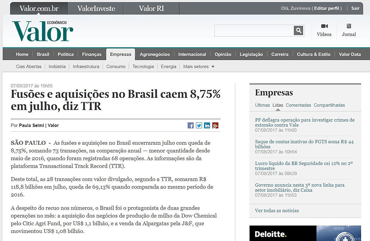 Fuses e aquisies no Brasil caem 8,75% em julho, diz TTR